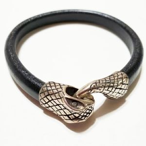 Men's Black Leather Bracelet w/ Silver Snake Head